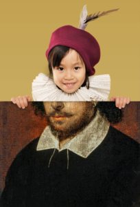 Lapsen pää, alapuolella maalaus William Shakespearesta
